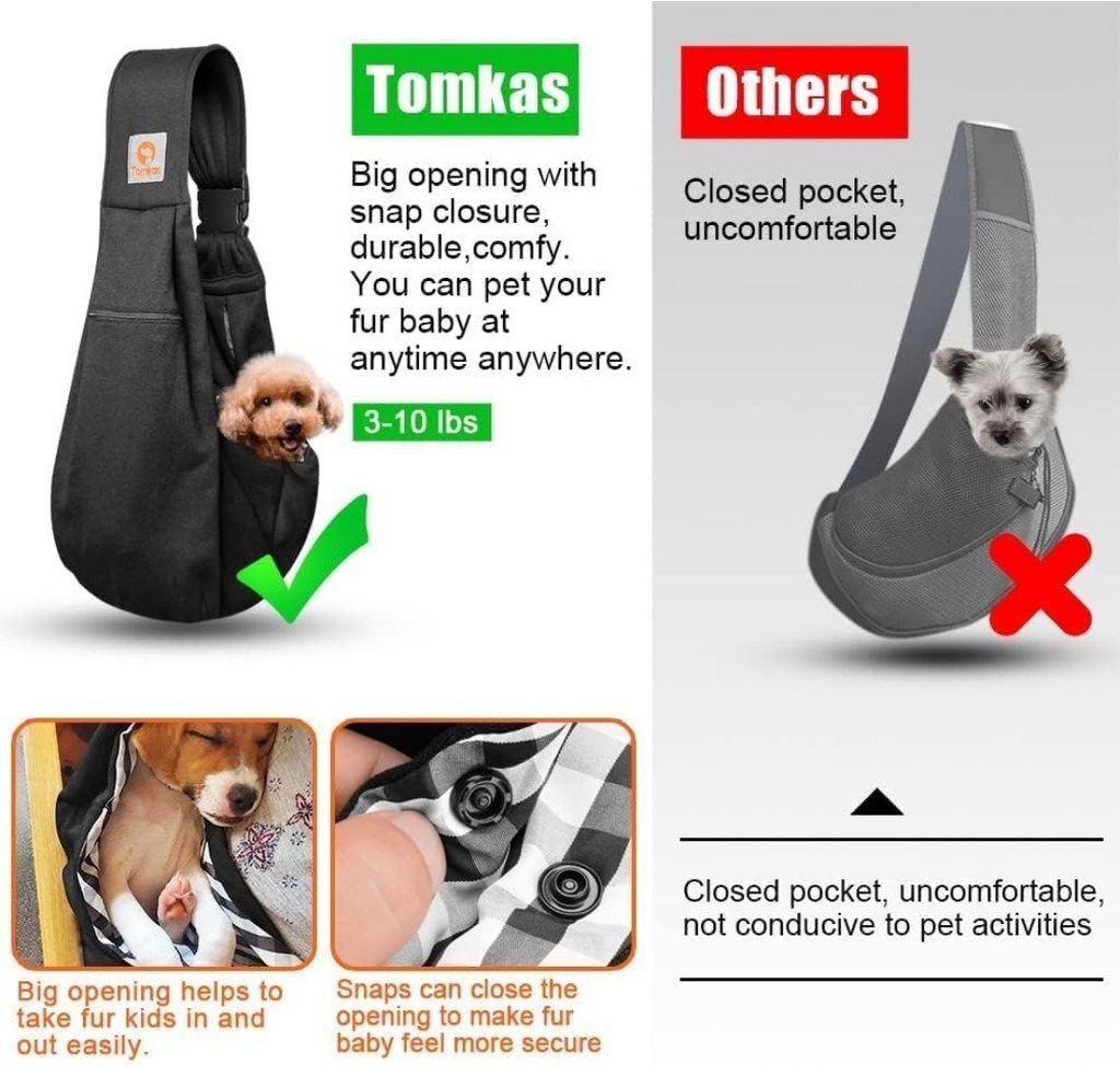Tomkas Small Dog Sling Carrier - Zipper Pocket & Classic Strap - for 3-10 lbs Pets(Black)