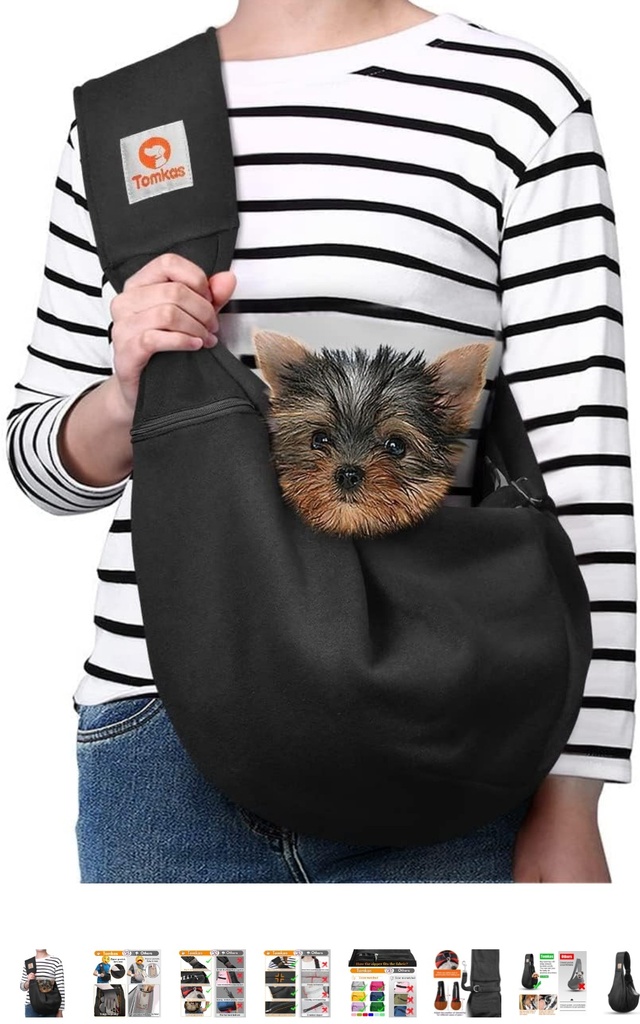 Tomkas Small Dog Sling Carrier - Zipper Pocket & Classic Strap - for 3-10 lbs Pets(Black)