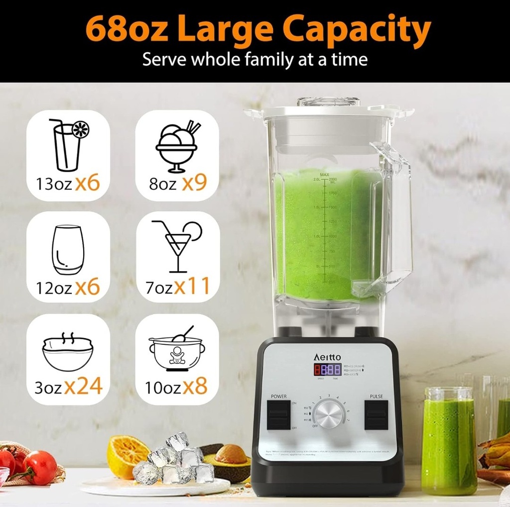 Aeitto Blender, Blenders for Kitchen with 1500-Watt Motor, 68 Oz Large Capacity, Professional Countertop Blenders for Ice Crush, Frozen Drinks, Silver