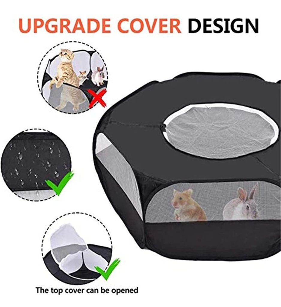 Small Animal Playpen,Portable Small Animal Cage Tent Breathable Pet Playpen Cage Tent Pop-Up Outdoor&Indoor Exercise Fence for Hamster Guinea Pig Rabbit Puppy Hedgehog (Black with Cover)