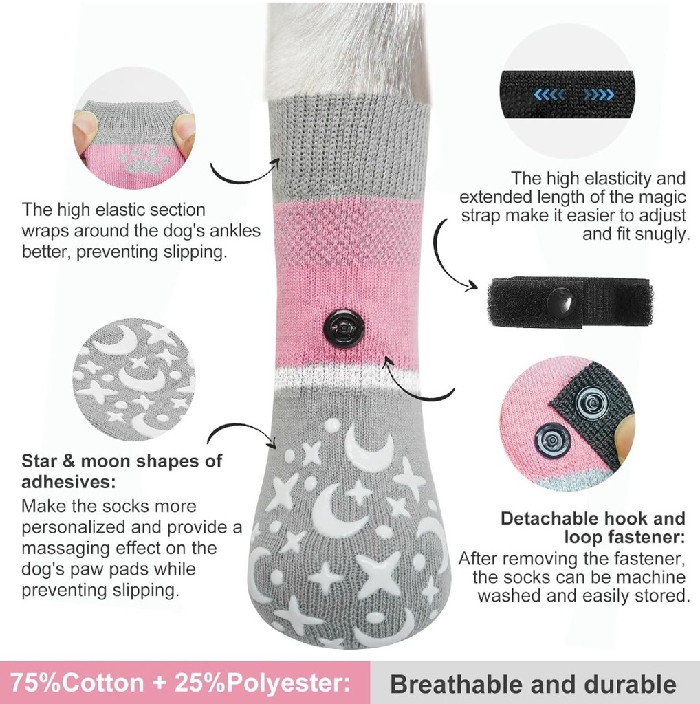 Anti Slip Dog Socks Double Sided Paw Protecters XS Pink 6 Socks Hot Cold
