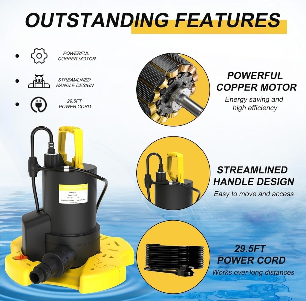 Automatic Swimming Pool Cover Pump 1/4 HP 2800GPH Submersible 29.5FT power cord