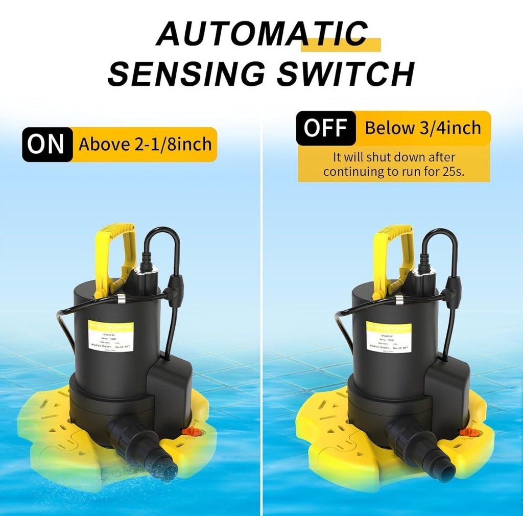 Automatic Swimming Pool Cover Pump 1/4 HP 2800GPH Submersible 29.5FT power cord