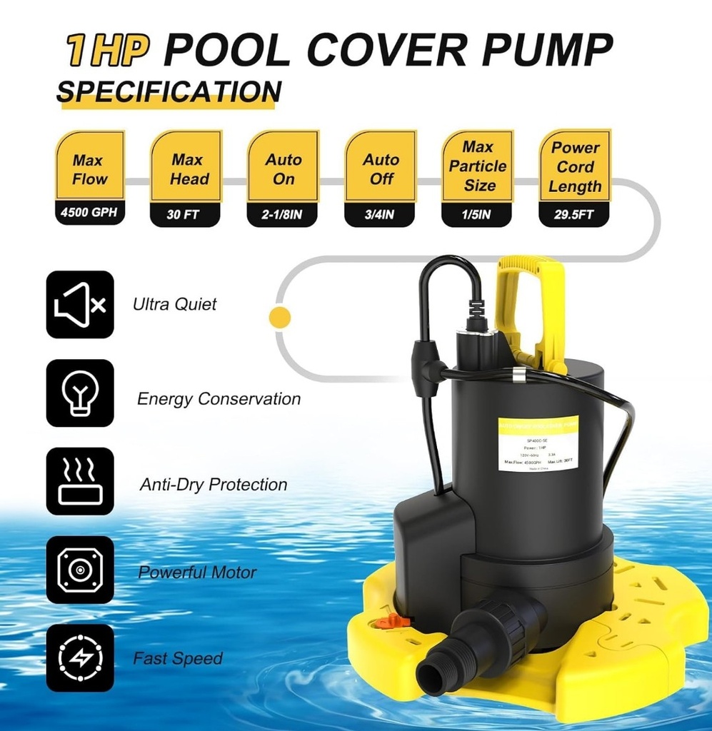 Automatic Swimming Pool Cover Pump 1/4 HP 2800GPH Submersible 29.5FT power cord