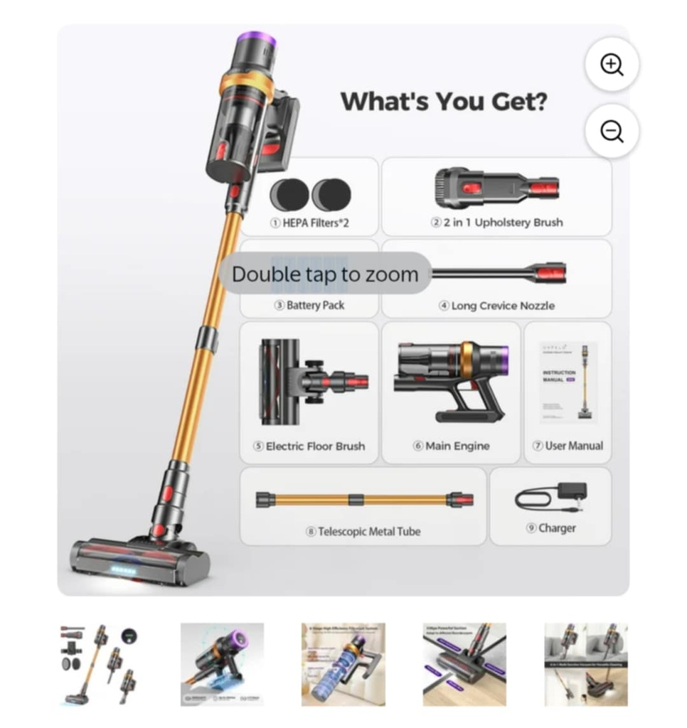 ORFELD Cordless Vacuum Cleaner with 2600mAh Detachable Battery, 45Kpa Powerful Stick Vacuum for Hard Floor Carpet Pet Gold, SV30