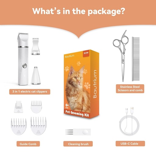 Cat Grooming Clippers Kit with Paw Trimmer, 3 in 1 Electric Pet Hair Trimmer Supplies for Thick Matted Hair, Heavy Coat Butt Shaver Cat Razor Fur Trimmer for Dogs at Home